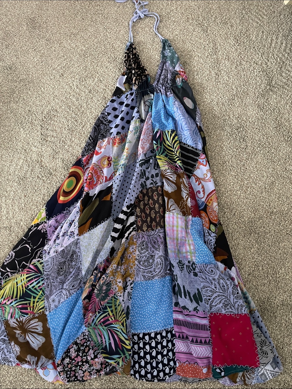 Boho hippy halter dress patchwork print and stitched multi patterns and colors
